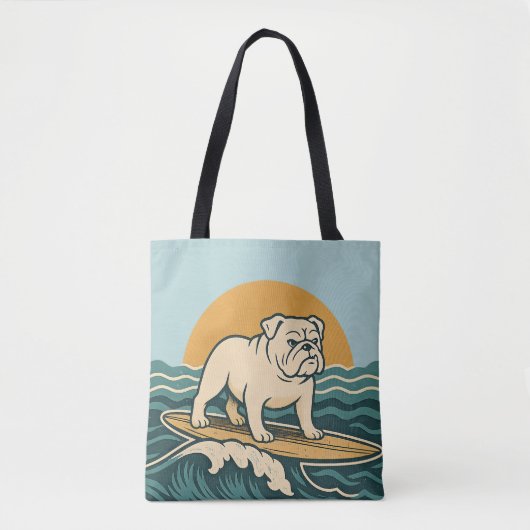 Retro Bulldog Surfer -Blue Coastal Surfing Dog Art トートバッグ (正面)