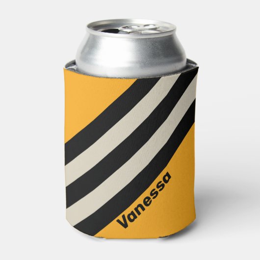 Retro Bumblebee Buzz Stripes with Name 缶クーラー (缶正面)