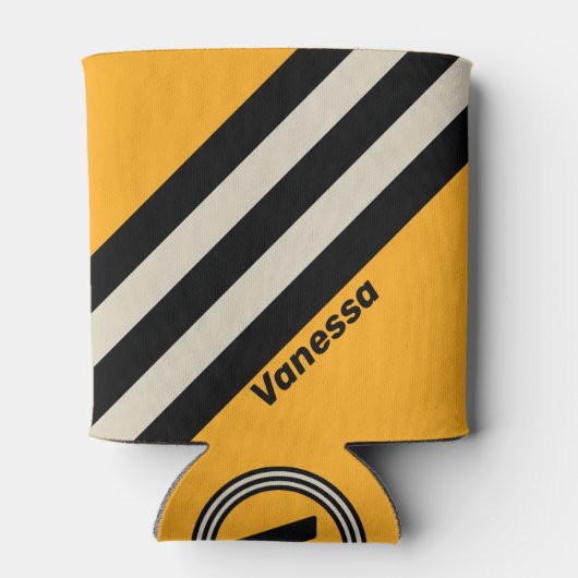 Retro Bumblebee Buzz Stripes with Name 缶クーラー (裏面)