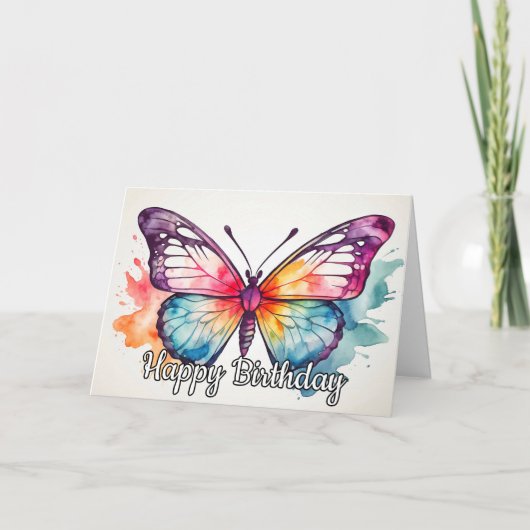 Retro Butterfly Illustration Happy Birthday カード (正面)