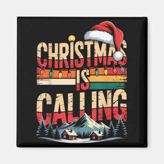 Retro Cabin Snowy Christmas Calling Lights Holiday マグネット (正面)