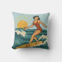 Retro Cali Pinup Surfer Reversible Blue Surfboard クッション