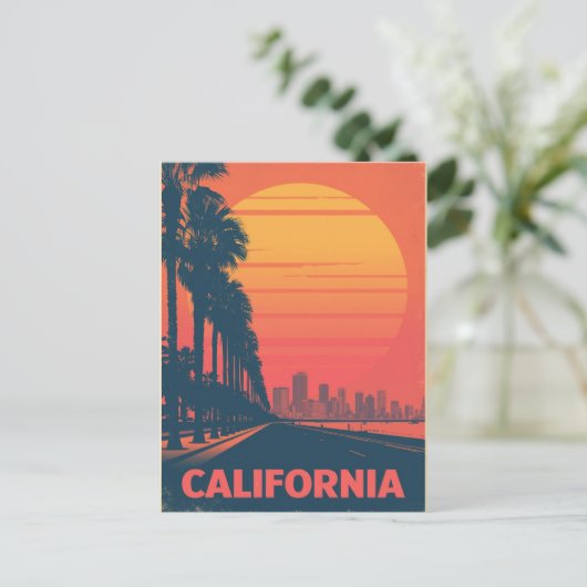 Retro California Palm Trees Sunset ポストカード (スタンド正面)