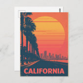 Retro California Palm Trees Sunset ポストカード (正面/裏面)