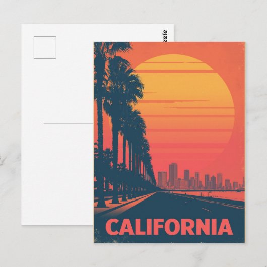 Retro California Palm Trees Sunset ポストカード (正面/裏面)