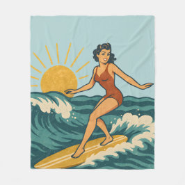 Retro California Pin-Up Surfer Blue Coastal Print フリースブランケット