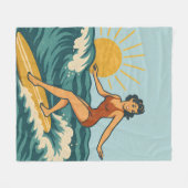 Retro California Pin-Up Surfer Blue Coastal Print フリースブランケット (正面(横))