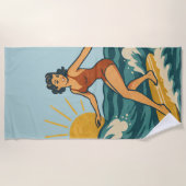 Retro California Pin-Up Surfer | Blue Surf Graphic ビーチタオル (正面)