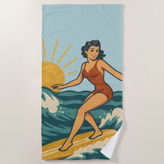 Retro California Pin-Up Surfer | Blue Surf Graphic ビーチタオル (正面)