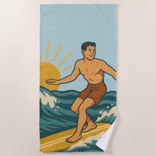 Retro California Surfer Blue Coastal Surf Graphic ビーチタオル (正面)