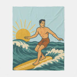 Retro California Surfer Blue Coastal Surfing Print フリースブランケット