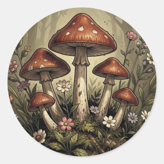 Retro Camper, Mushrooms, Stream and Flowers ラウンドシール (正面)