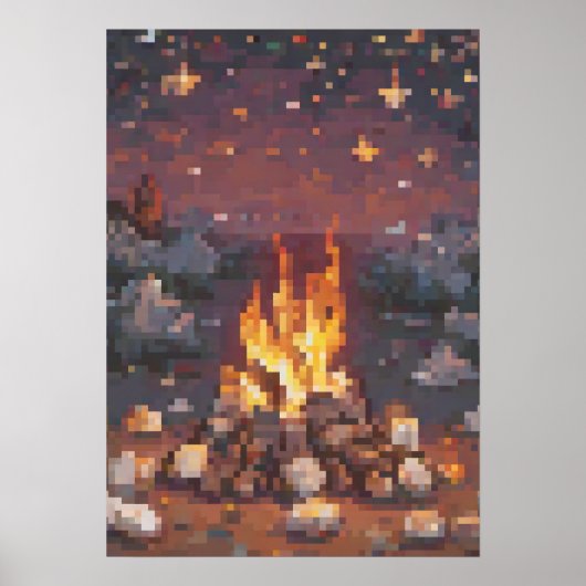 Retro Camping Pixel Art Design - Glowing Campfire  ポスター (正面)