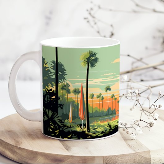 Retro Camping Woods Sunset コーヒーマグカップ