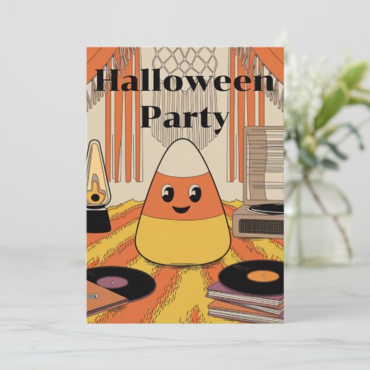 Retro Candy Corn Halloween Party Groovy Invitation 招待状 (スタンド正面)