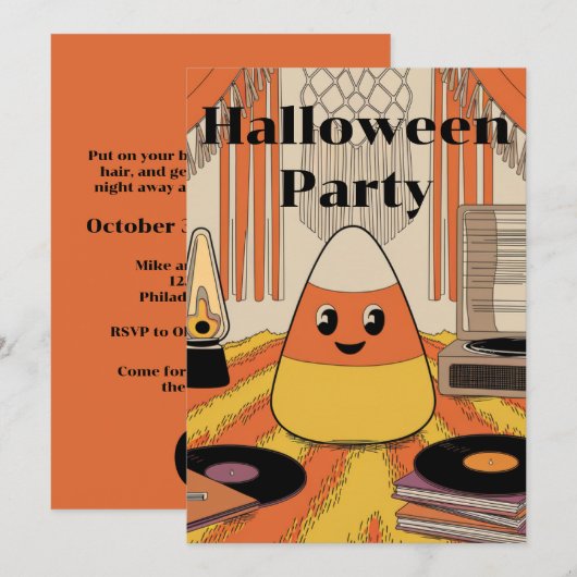 Retro Candy Corn Halloween Party Groovy Invitation 招待状 (正面/裏面)