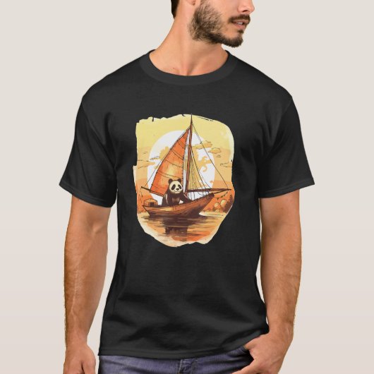 Retro Captain Panda Summer Sailing Boat Tシャツ (正面)