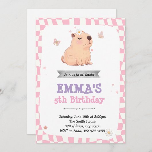 Retro Capybara birthday invitation 招待状 (正面/裏面)