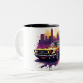 Retro Car and Cityscape Art ツートーンマグカップ (正面左)
