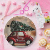 Retro Car Carrying Christmas Tree Paper Plates ペーパープレート (パーティー)