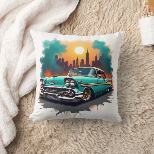 Retro Car with Urban Skyline Accent Cushion クッション (ブランケット)