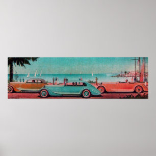 RETRO CARS , blue green pink red ポスター