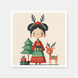 Retro Cartoon Frida Kahlo Cute Simple Christmas スタンダードカクテルナプキン