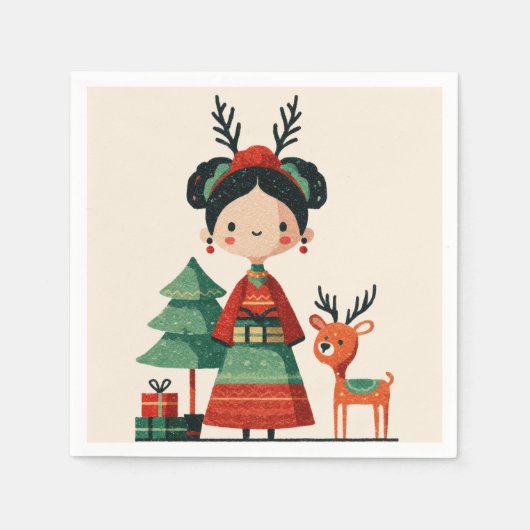 Retro Cartoon Frida Kahlo Cute Simple Christmas スタンダードカクテルナプキン (正面)