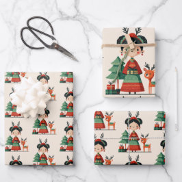 Retro Cartoon Frida Kahlo Pattern Cute Christmas  ラッピングペーパーシート