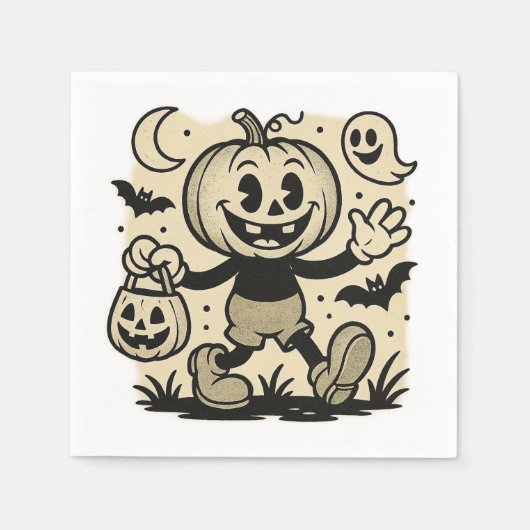 Retro cartoon-inspired pumpkin Halloween napkins スタンダードカクテルナプキン (正面)