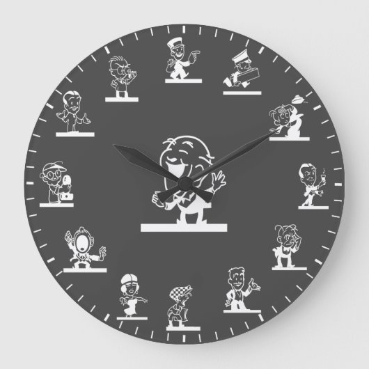Retro Cartoon People Themed White Large Clock ラージ壁時計 (正面)