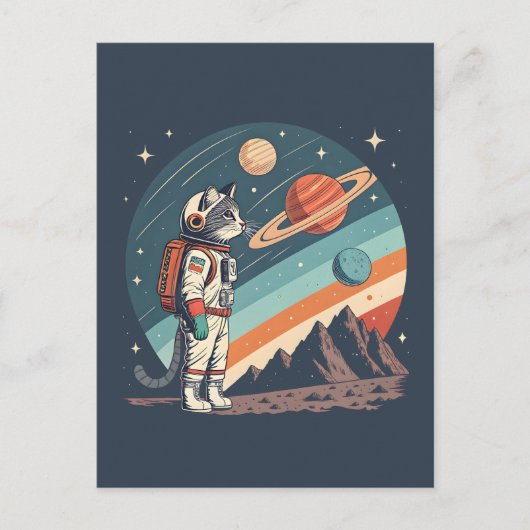 Retro Cat Astronaut Cosmic Space Illustration シーズンポストカード (正面)