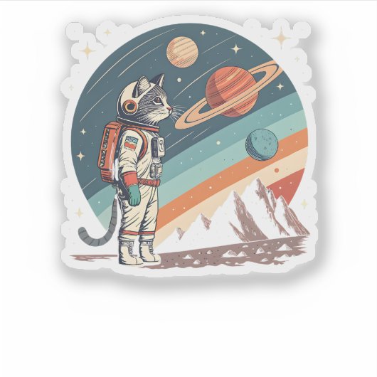 Retro Cat Astronaut Cosmic Space Illustration シール (正面)