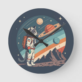 Retro Cat Astronaut Cosmic Space Illustration ラウンド壁時計