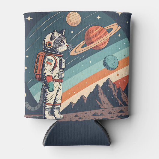 Retro Cat Astronaut Cosmic Space Illustration 缶クーラー (正面)
