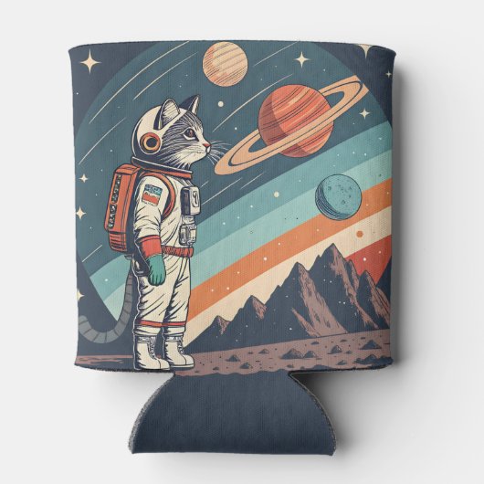 Retro Cat Astronaut Cosmic Space Illustration 缶クーラー (裏面)