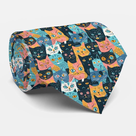 Retro Cat Graphic Custom Necktie ネクタイ (ロール)