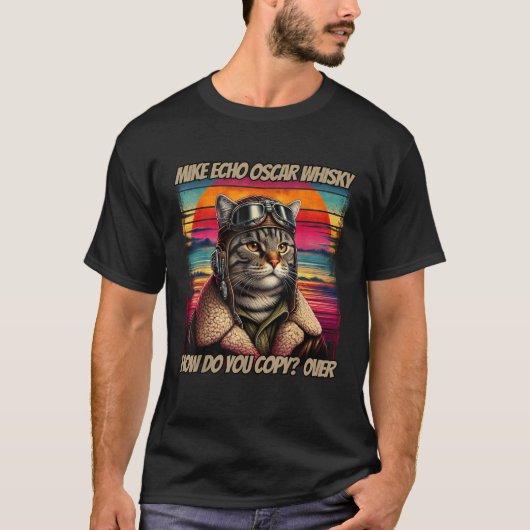 Retro Cat Pilot Mike Echo Oscar Whisky M E O W  fo Tシャツ (正面)