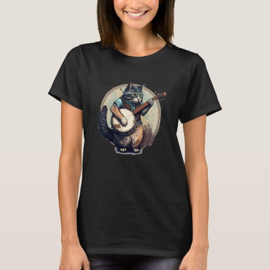 Retro Cat Playing Banjo Cute Kitten Banjo Player C Tシャツ (正面)