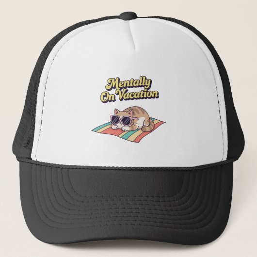 Retro Cat Vacation Mode Trucker Hat キャップ (正面)