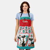 Retro Cats Christmas Apron- Customizable エプロン (着用した状態)