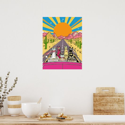 Retro Cats on Vacation Take a Road Trip ポスター (キッチン)