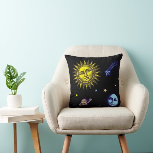 Retro Celestial Art Sun Moon Stars Planet Comet クッション (椅子)