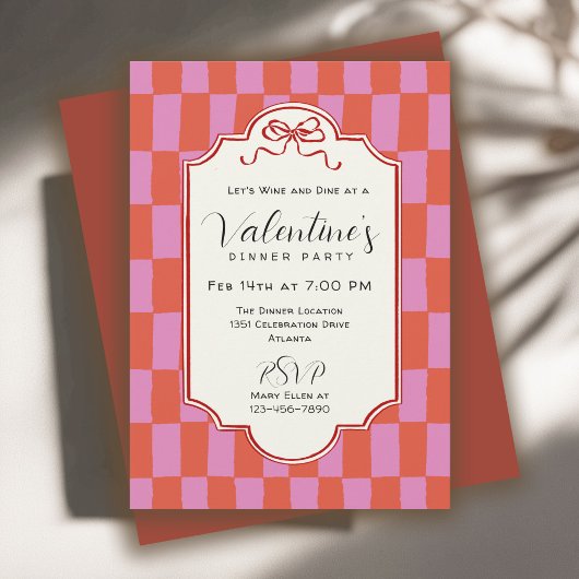 Retro Checkerboard Handdrawn Bow Valentine Dinner 招待状