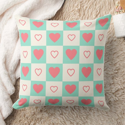 Retro Checkerboard Hearts Pattern Decorative Throw クッション (ブランケット)