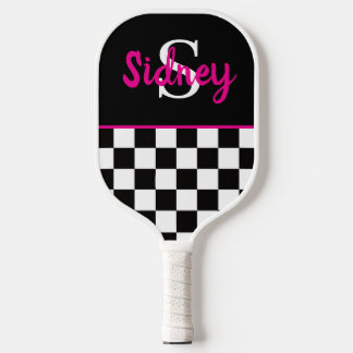 Retro Checkerboard Neon Pink Name Monogam ピックルボールラケット