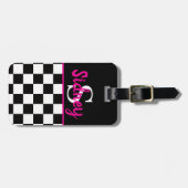 Retro Checkerboard Neon Pink Name Monogram ラゲッジタグ (正面横)