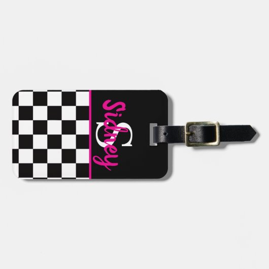 Retro Checkerboard Neon Pink Name Monogram ラゲッジタグ (正面横)