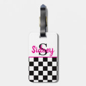 Retro Checkerboard Neon Pink Name Monogram ラゲッジタグ (裏面縦)