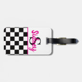 Retro Checkerboard Neon Pink Name Monogram ラゲッジタグ (裏面横)